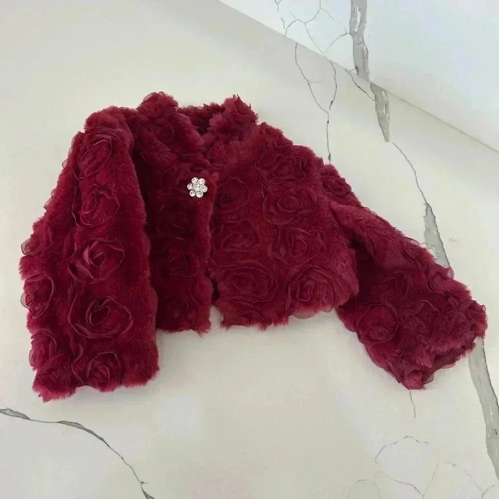 Blueberi Boulevard wine red Faux Fur Cropped jacket cardigan girls 24 months